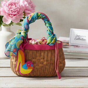 Bath and Body Works Straw Purse Vtg Whimsical Faux Leather Trim Draw Pink Floral